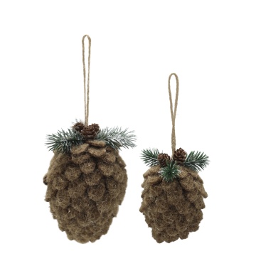 Set 2 ornamente decorative din velur textil maro, cu conuri de brad, 15x8 cm, „Pomme de Pin"