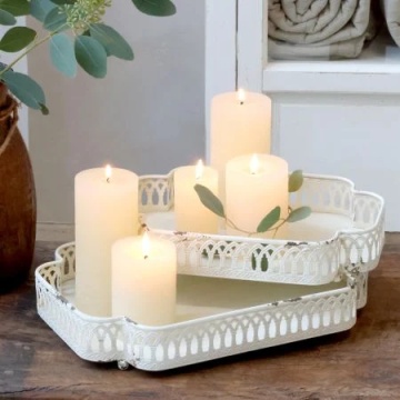 Set 2 tăvi decorative shabby chic cu margine dantelată, finisaj crem antichizat, H6,5/L35/l25,5 cm, „Colette” - Img 2