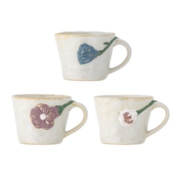 Set 3 căni din ceramică gri, lucrate manual, cu motive florale în relief, „Loua", 9 x 7,5 cm