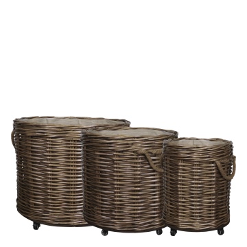 Set 3 coșuri decorative lucrate manual din ratan împletit, cu roți, 60x70 cm, „Brindille"