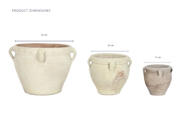 Set 3 ghivece decorative din teracotă artizanală, finisaj craft alb-crem, cu 4 anse fiecare, 45×45×38 cm, „Jerba" - Img 6