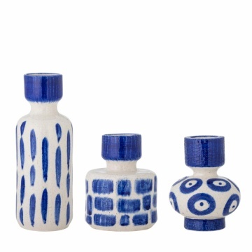 Set 3 vaze din ceramică, albastru, forme diferite, linii și inele pictate manual, 15,5 x 11,5 cm, 15,5 x 12 cm și 26 x 10 cm, „Romane”
