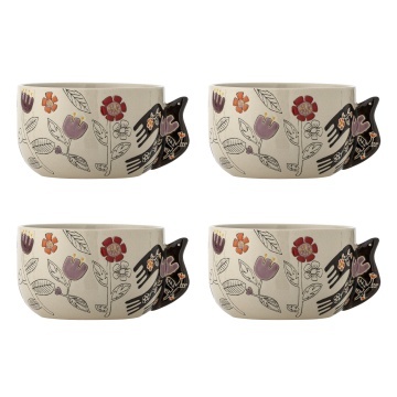 Set 4 boluri din ceramică artizanală, natur, pictate manual cu motive florale și pasăre, 13x8 cm, „Vivielle"