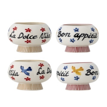 Set 4 boluri din ceramică artizanală, pictate manual cu motive florale și inscripții mediteraneene, multicolor, 13×9 cm, „Lindsay"
