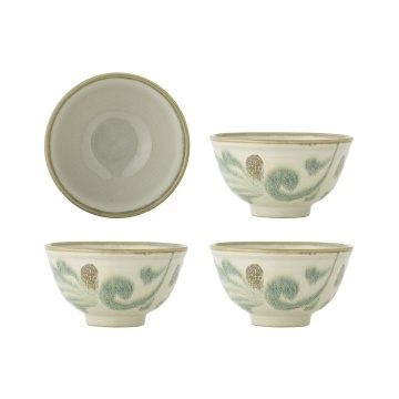 Set 4 boluri din ceramică natur, pictate manual cu motive botanice, „Bethany", 11,5 x 6,5 cm