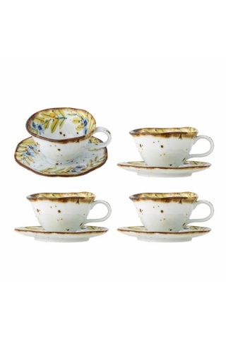 Set 4 căni cu farfurioară din ceramică artizanală albă cu motive florale pastelate pictate manual și margine maro, 15×7,5 cm, "Savina"