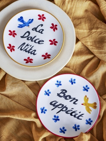 Set 4 farfurii din ceramică artizanală, pictate manual cu motive florale albastre și margine roșie, multicolor, 15×1.5 cm, „Lindsay" - Img 3
