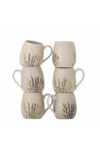 Set 6 căni din ceramică, natur, cu ilustrații botanice pictate manual, 10x10.5 cm, „Bea"