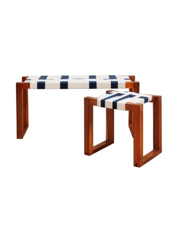 Set băncuță și taburet din lemn de acacia și șnur, alb, cu dungi albastre, băncuță 46 x 100 x 35 cm, „Atalante”