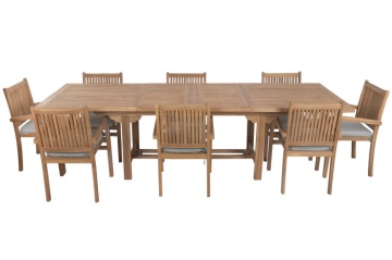 Set dining exterior din lemn de tec masiv, masă extensibilă 210–310 cm și 8 scaune, finisaj natural, „Java”