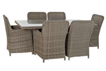 Set dining exterior din metal și sticlă, masă + 5 scaune, polirattan și stofă - Img 12