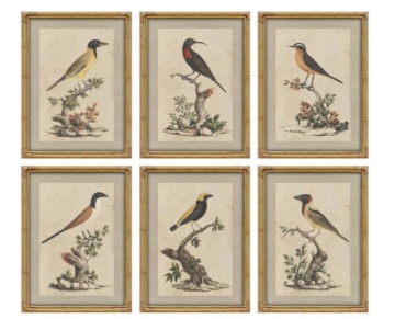 Set tablouri decorative shabby cu păsări bej și multicolor, rame din bambus și sticlă „Marrokas”