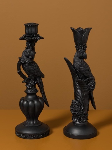 Sfeșnic din rășină cu papagal și frunze sculptate, negru antichizat, finisaj patinat, 32,5×10,5 cm, „Perroquet" - Img 7