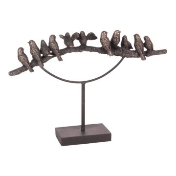 Statuetă decorativă din polirășină, aurie, cu păsărele pe creangă, pe suport, finisaj patinat, 30 x 42 x 8 cm, „Mésange”