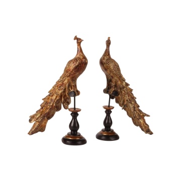 Statuetă decorativă din polirășină, auriu, păun pe soclu negru, finisaj antichizat, 41 x 26 x 11 cm, „Paon”