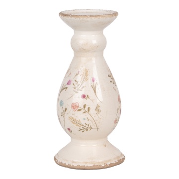 Suport lumanare, bej, din ceramica, motive florale, Ø12x26 cm, Flowers - Img 2