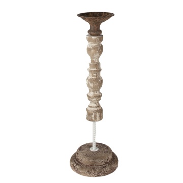 Suport lumanare, bej, din lemn si metal, aspect vintage, H51 cm - Img 1