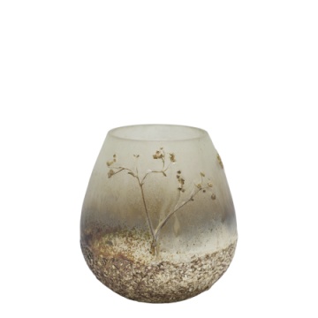 Suport pentru lumânare din sticlă cu decor din flori uscate, culoare antique mocca, H15 cm, Ø14 cm