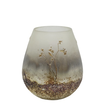 Suport pentru lumânare din sticlă cu decor din flori uscate, culoare antique mocca, H20 cm, Ø18 cm