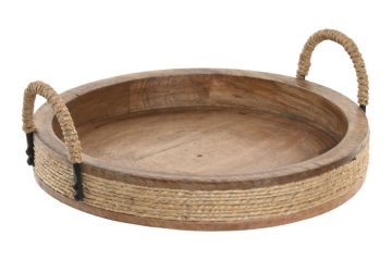Tavă decorativă Cottage cu mâner maro din lemn de mango cu structură din frânghie, "Rovena"