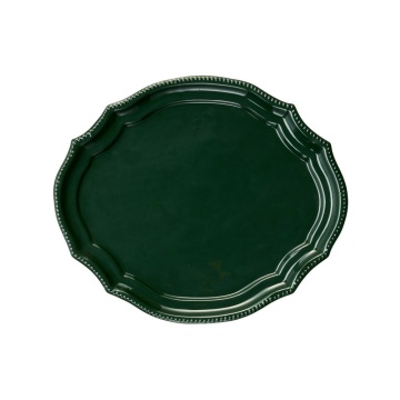 Tavă ovală vintage din metal emailat verde cu margine festonată și bordură cu mărgele, 36×30×H2 cm, „Madam"