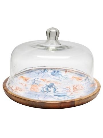 Tava pentru prajituri, din lemn de mango, cu capac din sticla, D30cm, Coral
