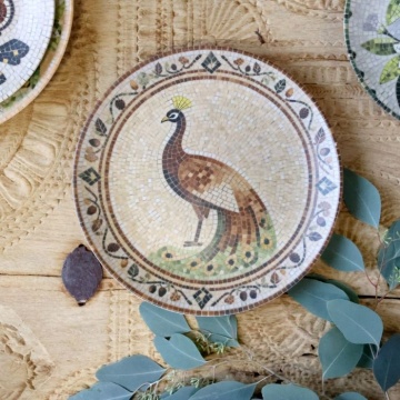 Tavă pentru servire din ceramică cu model mozaic și motiv păun, H2,8/D26,5 cm, bej & mocca, „Chartres” - Img 5