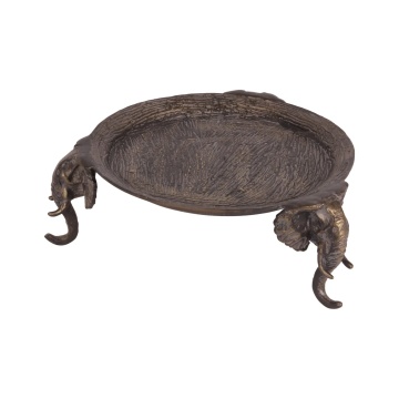 Tavă rotundă din aluminiu, aurie, pe picioare în formă de cap de elefant, stil colonial, finisaj antichizat, 12 x 33 cm, „Jodhpur”