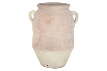 Vas decorativ amforă din teracotă artizanală, finisaj craft roz-crem, cu 2 anse, 60×60×80 cm, „Jerba"