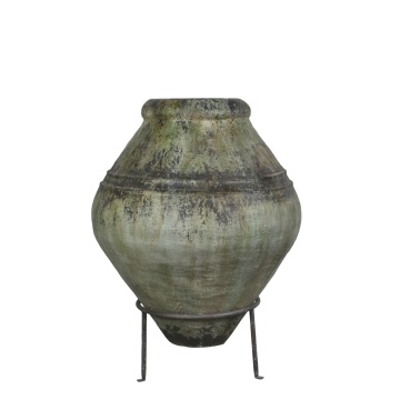 Vas decorativ pe suport din metal, verde, H 103.5 cm, aspect antichizat