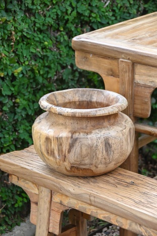 Vază decorativă tip bol, stil natural rustic, culoare natur, din lemn de tec, „Teak” - Img 3