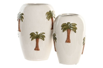Vază decorativă tropical pictată manual alb cu accente maro și verde din ceramică , "Palmira" - Img 5