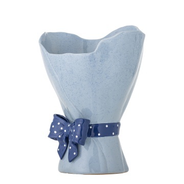 Vază din ceramică artizanală, albastru, cu formă ondulată și fundiță decorativă cu buline, 19,5x28,5 cm, „Belivia" - Img 6