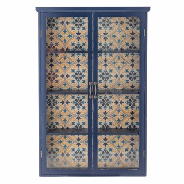 Vitrină de perete vintage mediteraneană din lemn, albastru, cu 2 uși vitrate, 3 rafturi și spate imprimat, 122 x 81 x 22 cm, „Hazem”