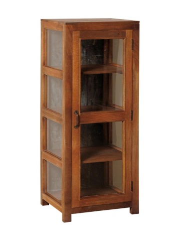 Vitrină mică rustică din lemn reciclat, maro, cu 1 ușă vitrată, laterale vitrate și 3 rafturi, finisaj natural, 127 x 54 x 46 cm, „Marcel” - Img 2