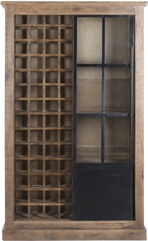 Vitrină pentru vinuri industrială din lemn masiv de mango și metal, natur și negru, cu o ușă glisantă și 3 rafturi, 190 x 115 x 45 cm, „Mendoza”