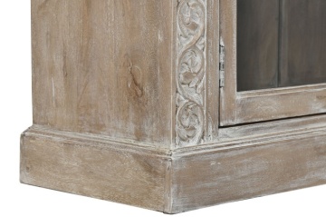Vitrină sculptată manual din lemn masiv de mango, finisaj décapé alb, 2 uși vitrate, 3 rafturi, 120×44×210 cm, „Jaipur" - Img 6