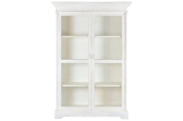 Vitrină vintage din lemn masiv de mango, alb, cu 2 uși vitrate, 3 rafturi și console sculptate, finisaj patinat, 209 x 140 x 55 cm, „Blanco”