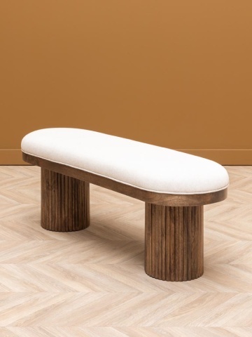 Banchetă din lemn de mango natur cu șezut din bumbac alb și picioare cilindrice cu linii sculpturale, finisaj lucios, 126,5×46×41 cm, „Soucha" - Img 3
