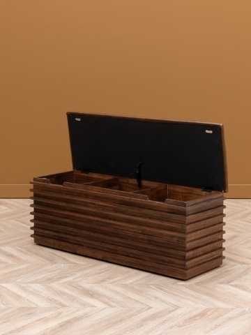 Banchetă din piele naturală cu structură și spațiu de depozitare din lemn de acacia, maro antichizat, finisaj lucios, 110×40,5×36 cm, „Leya" - Img 3