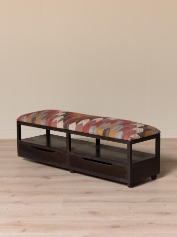 Banchetă hol multicolor din kilim de iută și lână și lemn de acacia înnegrit, cu 2 sertare și raft, 40 x 138 x 40,5 cm, „Tikana” - Img 2