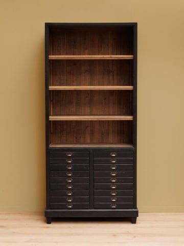 Bibliotecă vintage din lemn, neagră și natur, cu 3 rafturi deschise și 6 sertare, 200 x 100 x 45 cm, „Voltaire” - Img 3