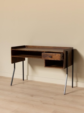 Birou vintage din lemn de mango și metal, cu blat maro antichizat, 1 sertar și picioare din metal negru, finisaj satinat, 117.5×50×80.5 cm, „Flow" - Img 4