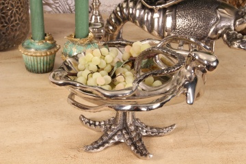 Bol decorativ din aluminiu reciclat, argintiu, în formă de scoică, cu caracatiță și picior stea de mare, finisaj lucios, 14 x 22 x 12 cm, „Corail” - Img 4