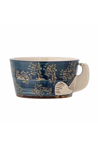 Bol din ceramică albastră cu decor pasăre pictat manual, 13x7 cm, "Hezha"