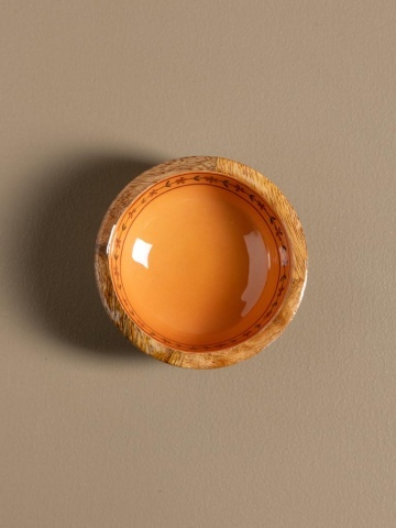Bol mic din lemn de mango, portocaliu, cu ghirlandă de flori pictată în interior, 5 x 12,5 cm, „Hélios” - Img 3