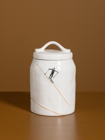 Borcan din ceramică albă cu motive de iarnă pictate manual, 19,5 × 12 cm, „Slalom" - Img 5