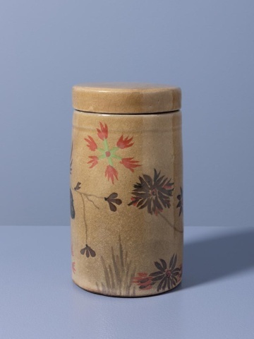 Borcan din ceramică artizanală natur cu capac, motive florale și păsări pictate manual, maro și roșu, 22 × 12 cm, „Campana" - Img 3