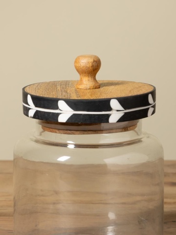 Borcan sticlă cu capac din lemn de mango, negru și natur, model cu frunze albe, mâner rotund, lucrat manual, 21 x 15 cm, „Sylve” - Img 4