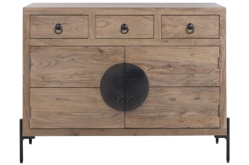 Bufet living în stil etnic din lemn de acacia, natur, cu 2 uși, 3 sertare și placă rotundă din metal negru, 92 x 118 x 40 cm, „Orissa”